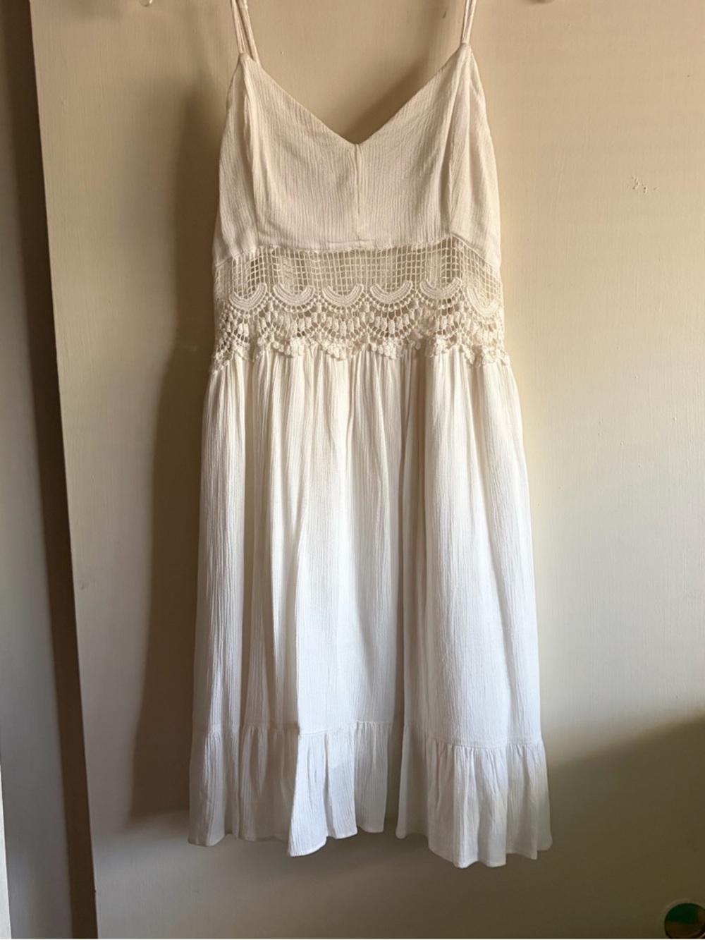 Rewind White Crochet-Waist Spaghetti Strap Dress